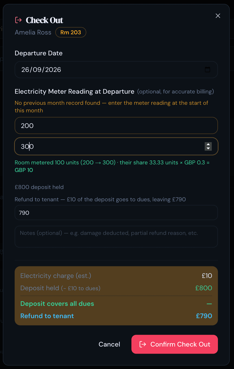 The PulseHub check-out screen calculating a resident final electricity charge from meter readings and settling it against the deposit to show the refund due