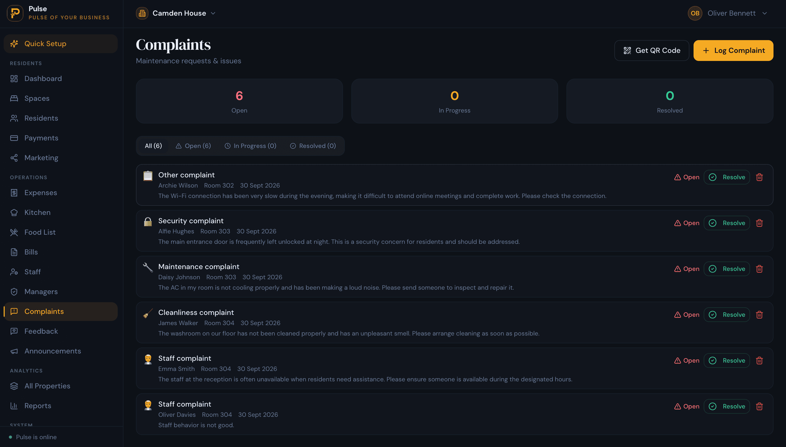 PulseHub maintenance and complaints screen showing reported issues, their status and resolution history