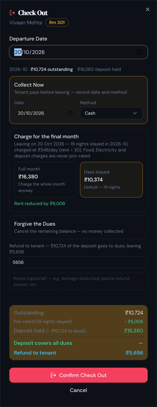 The PulseHub check-out screen pro-rating a resident final month by nights stayed, settling outstanding dues against the deposit, and showing the refund due in rupees