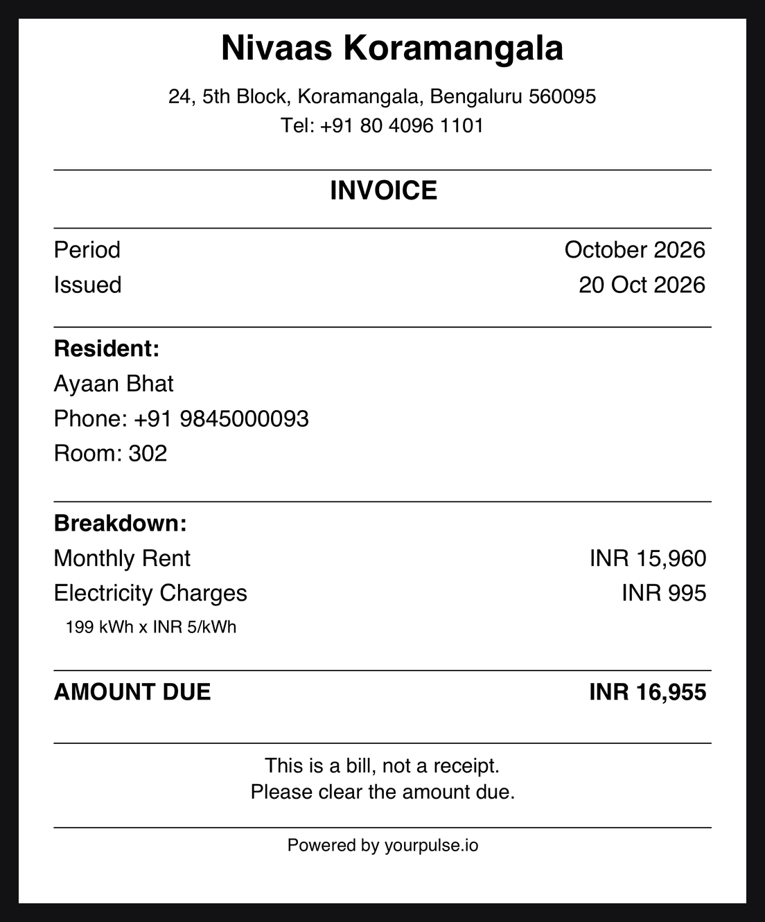 A PulseHub PG invoice in rupees showing monthly rent and metered electricity charges with the total amount due