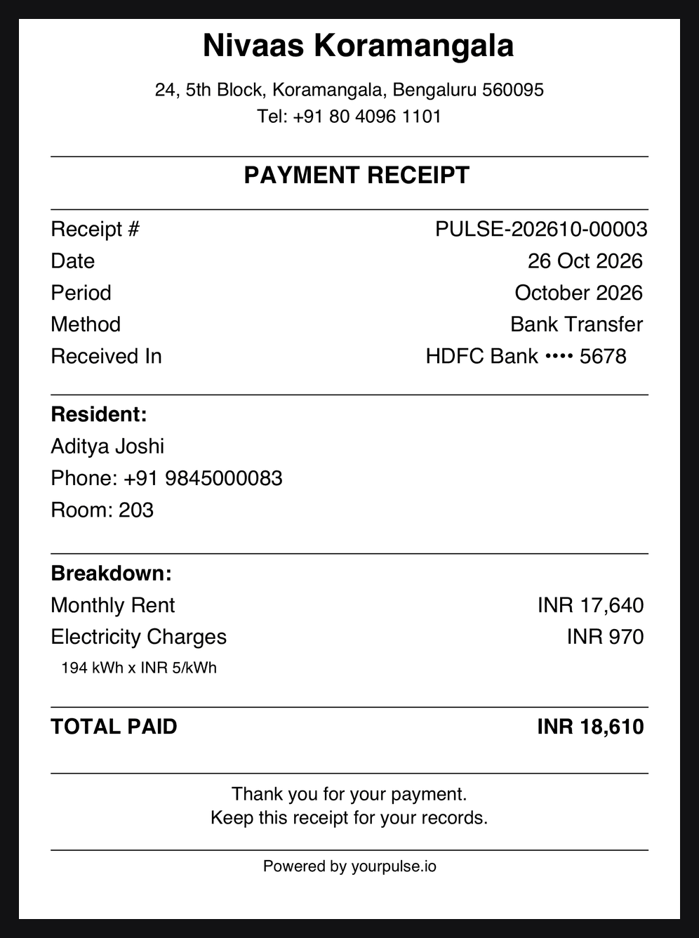 A PulseHub payment receipt in rupees showing the receipt number, payment method, bank account, a rent and electricity breakdown, and the total paid