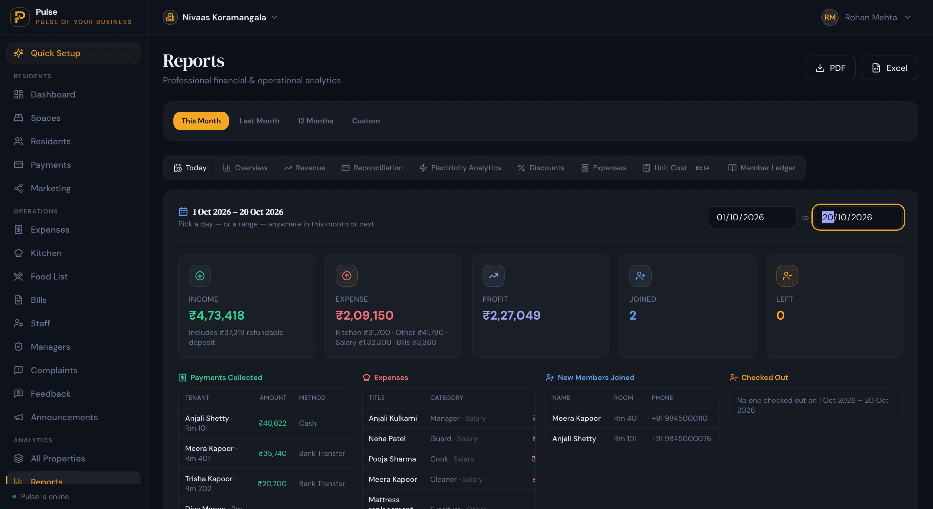 PulseHub Reports screen showing income, expenses, profit, payments collected and expense breakdown with PDF and Excel export, in rupees