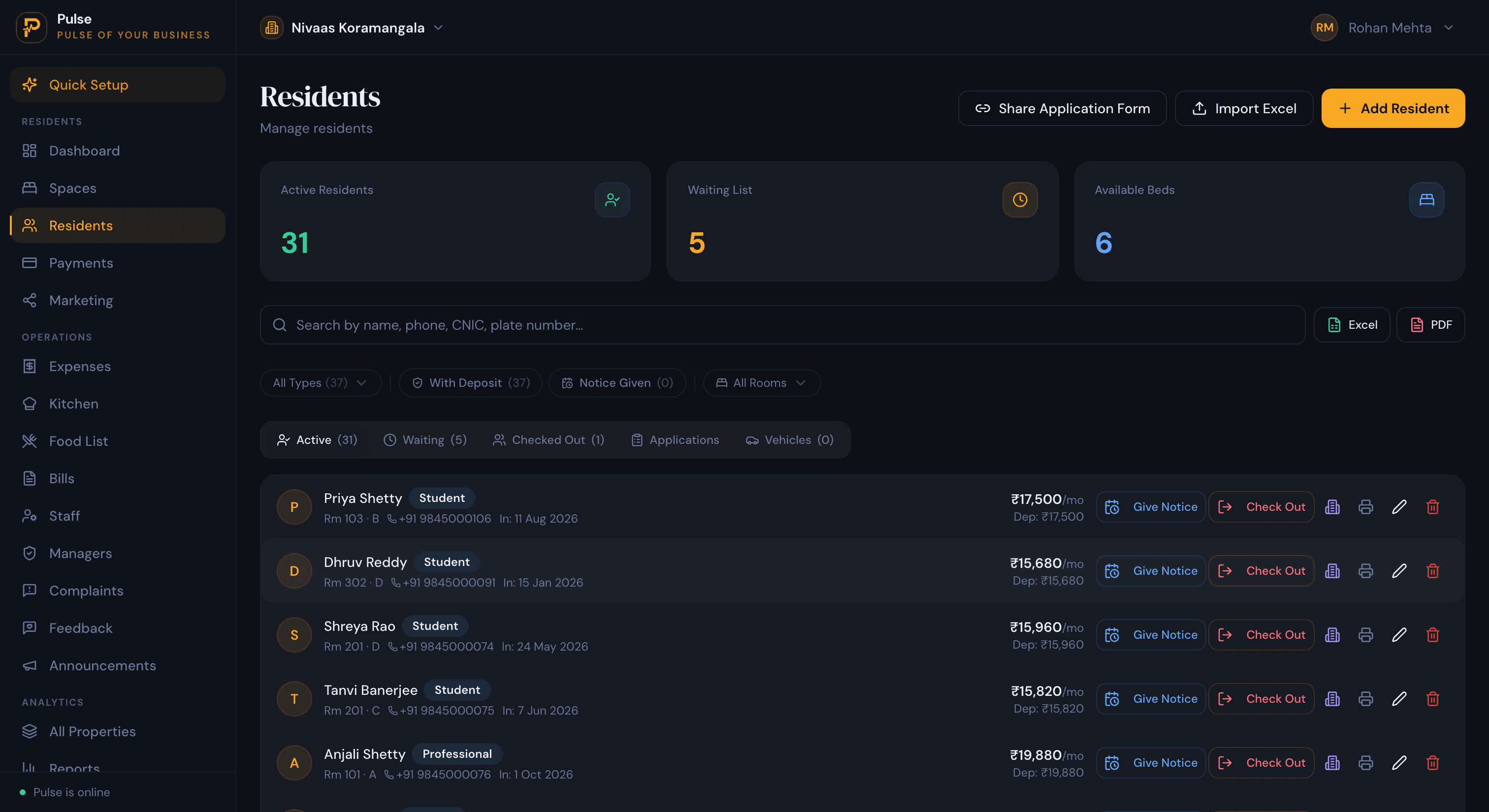 PulseHub Residents screen showing active residents, waiting list, deposits, notice periods and check-out, with phone and ID search