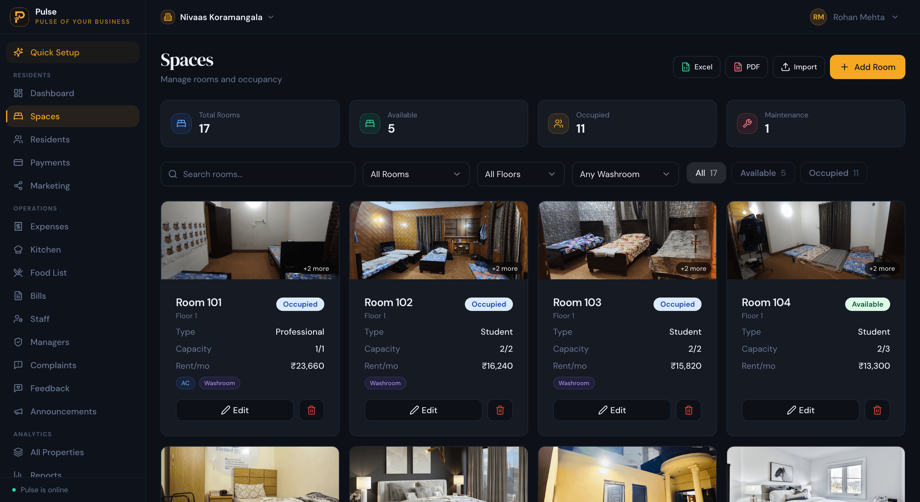 PulseHub Spaces screen showing PG rooms with room type, capacity, monthly rent in rupees, AC and attached-washroom status