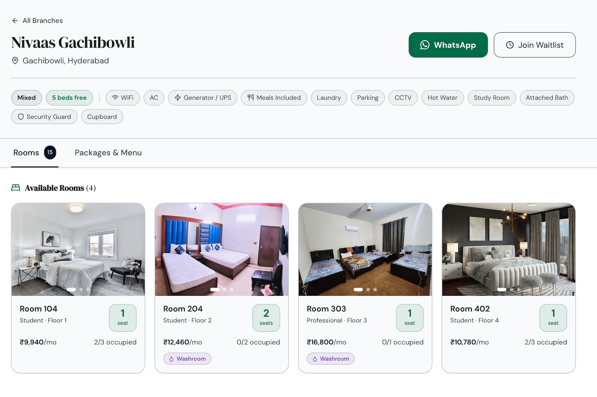 A public PulseHub PG website showing rooms with photos, monthly rent in rupees, available seats, amenities like meals, WiFi and power backup, a WhatsApp button and a join waitlist button