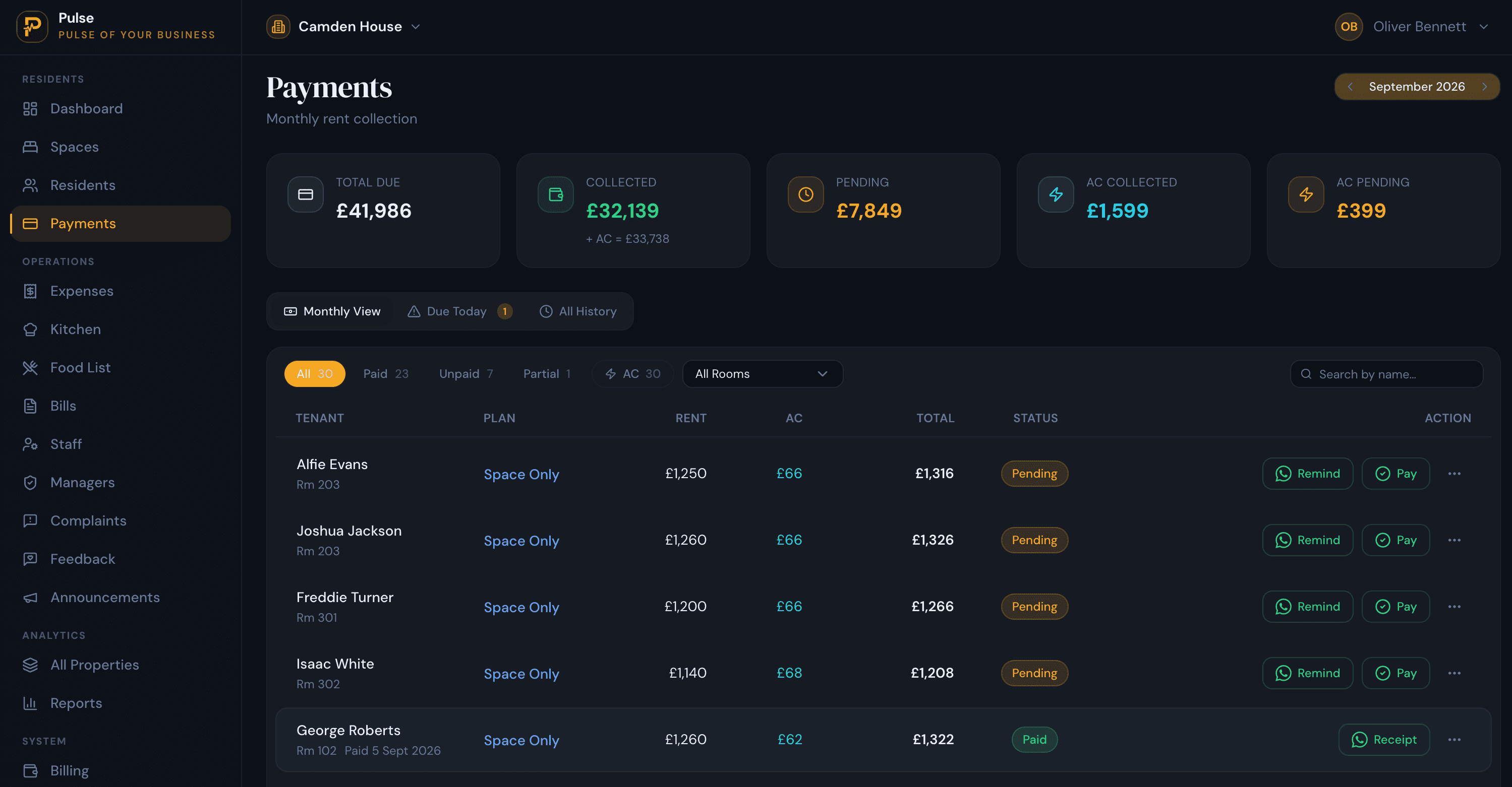 PulseHub payments screen showing rent, utility charges, and payment statuses