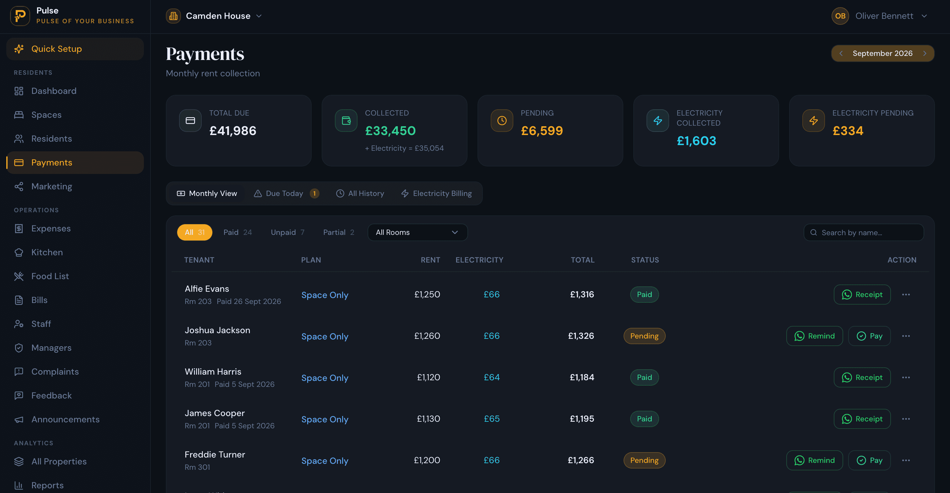 PulseHub payments screen showing rent, utility charges, and payment statuses
