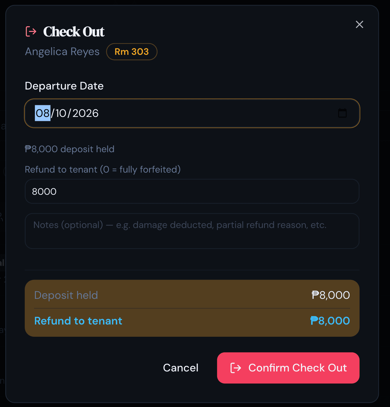 The PulseHub check-out screen settling a resident deposit against any dues and showing the refund due in pesos