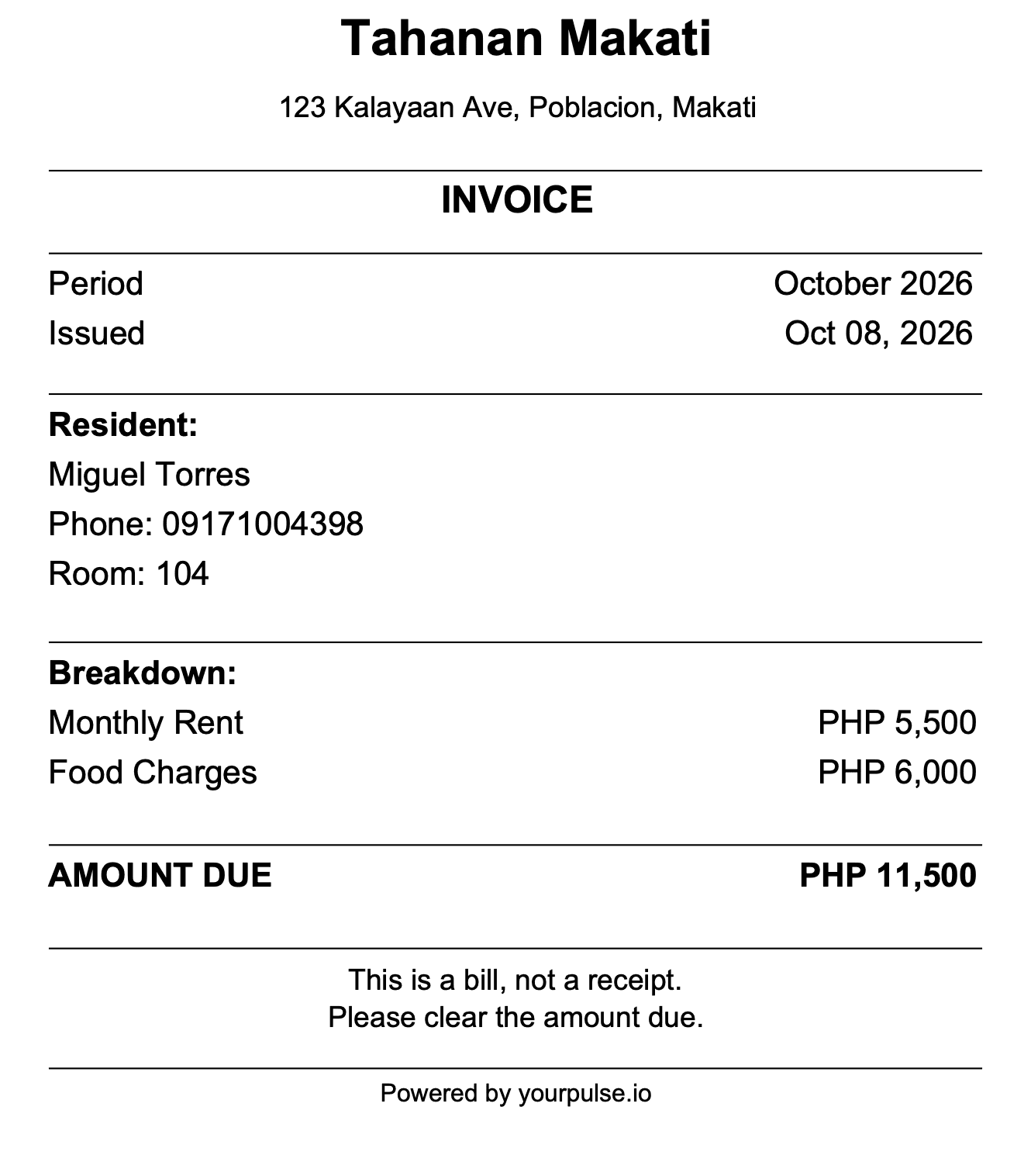 A PulseHub dormitory invoice in pesos showing monthly rent and food charges with the total amount due