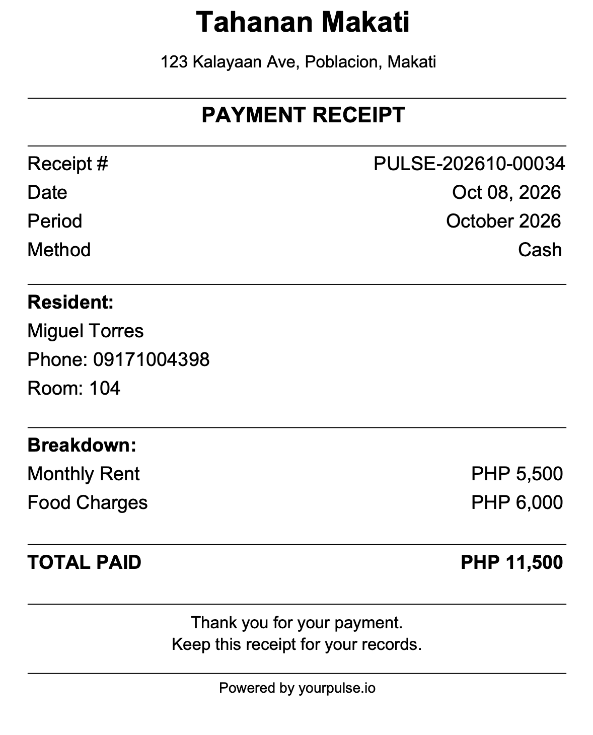 A PulseHub payment receipt in pesos showing the receipt number, payment method, a rent and food charges breakdown, and the total paid