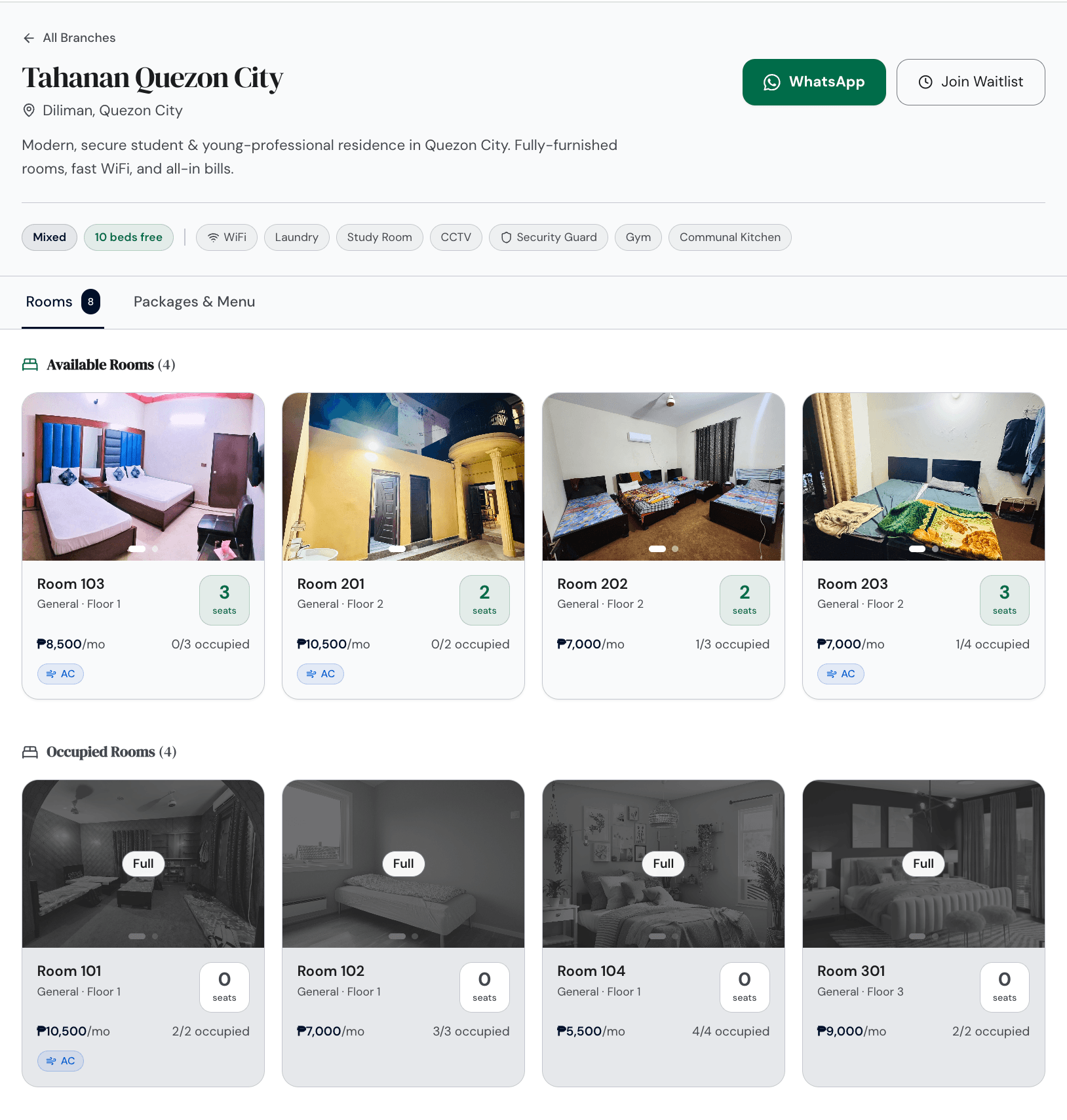 A public PulseHub dormitory website showing rooms with photos, monthly rent in pesos, available seats, amenities, a WhatsApp button and a join waitlist button