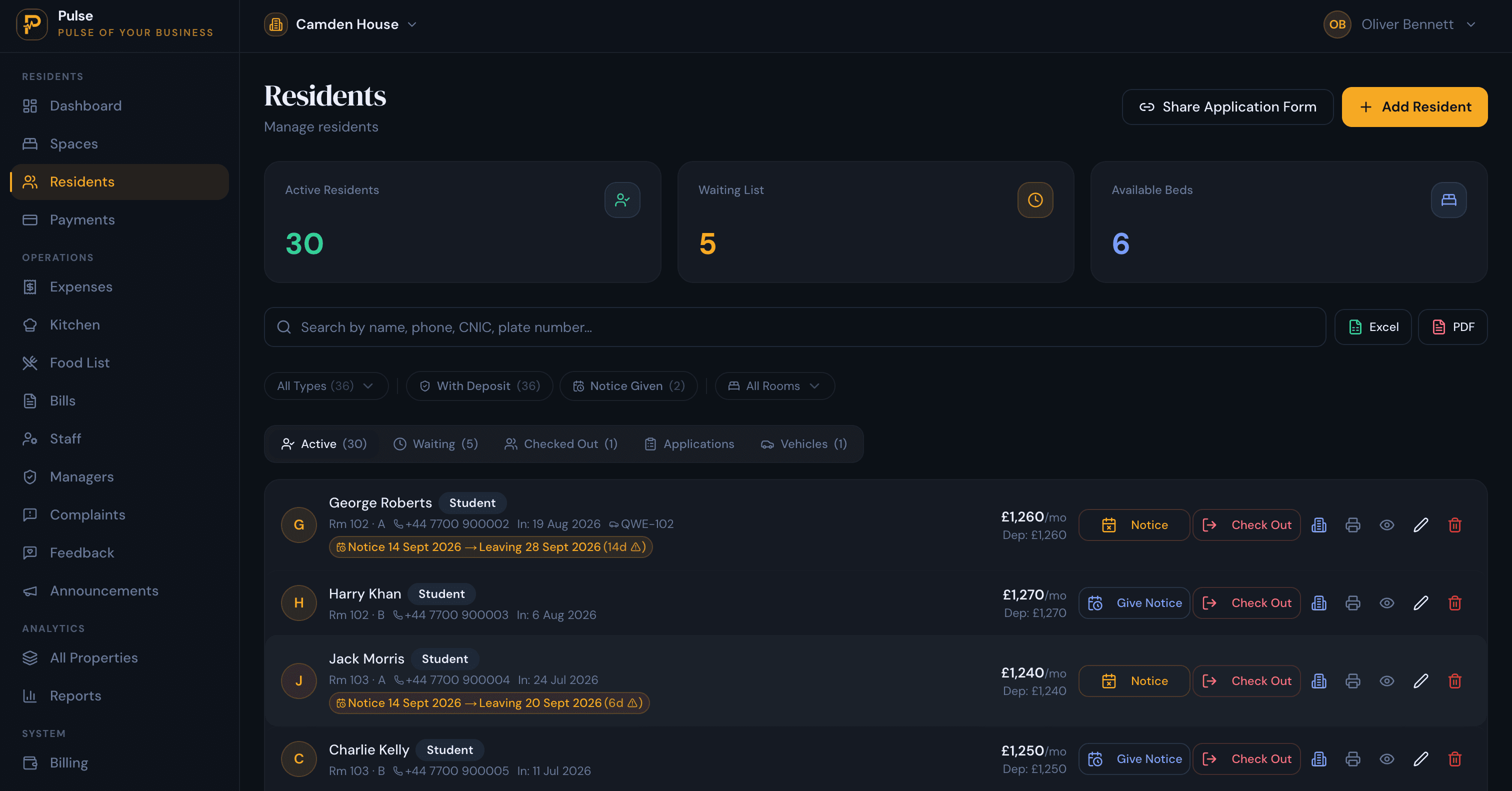 PulseHub resident management screen showing applications, deposits, notices, and check-outs